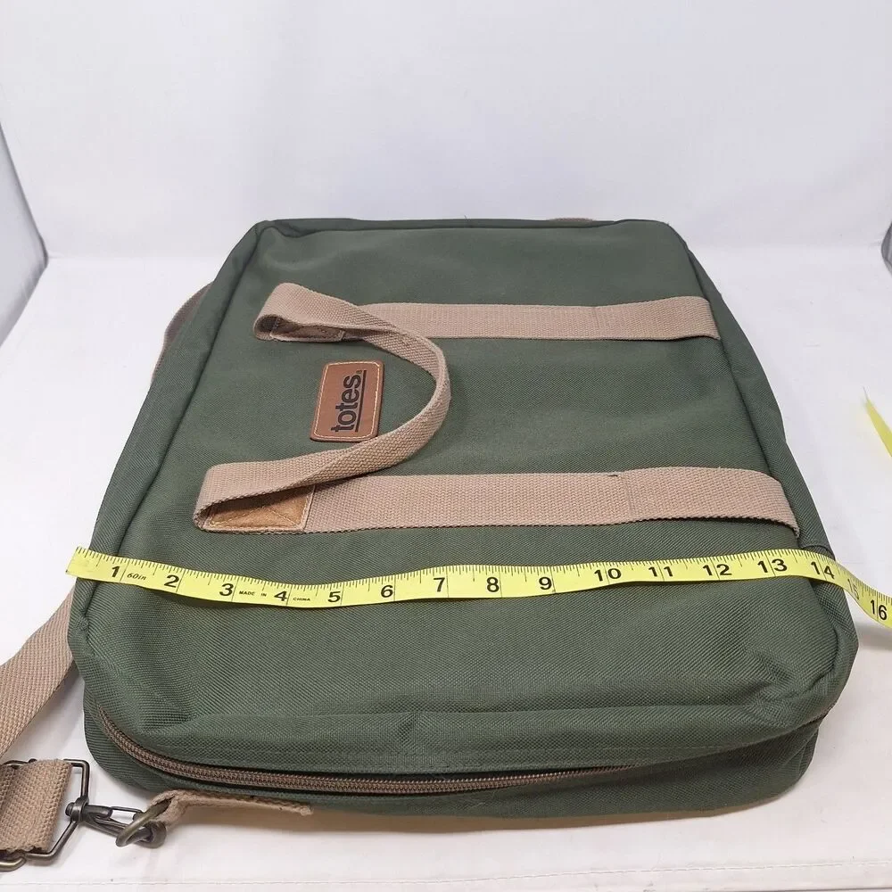 Totes Green Tan Canvas Laptop Swing Bag Travel Work Business Crossbody Strap